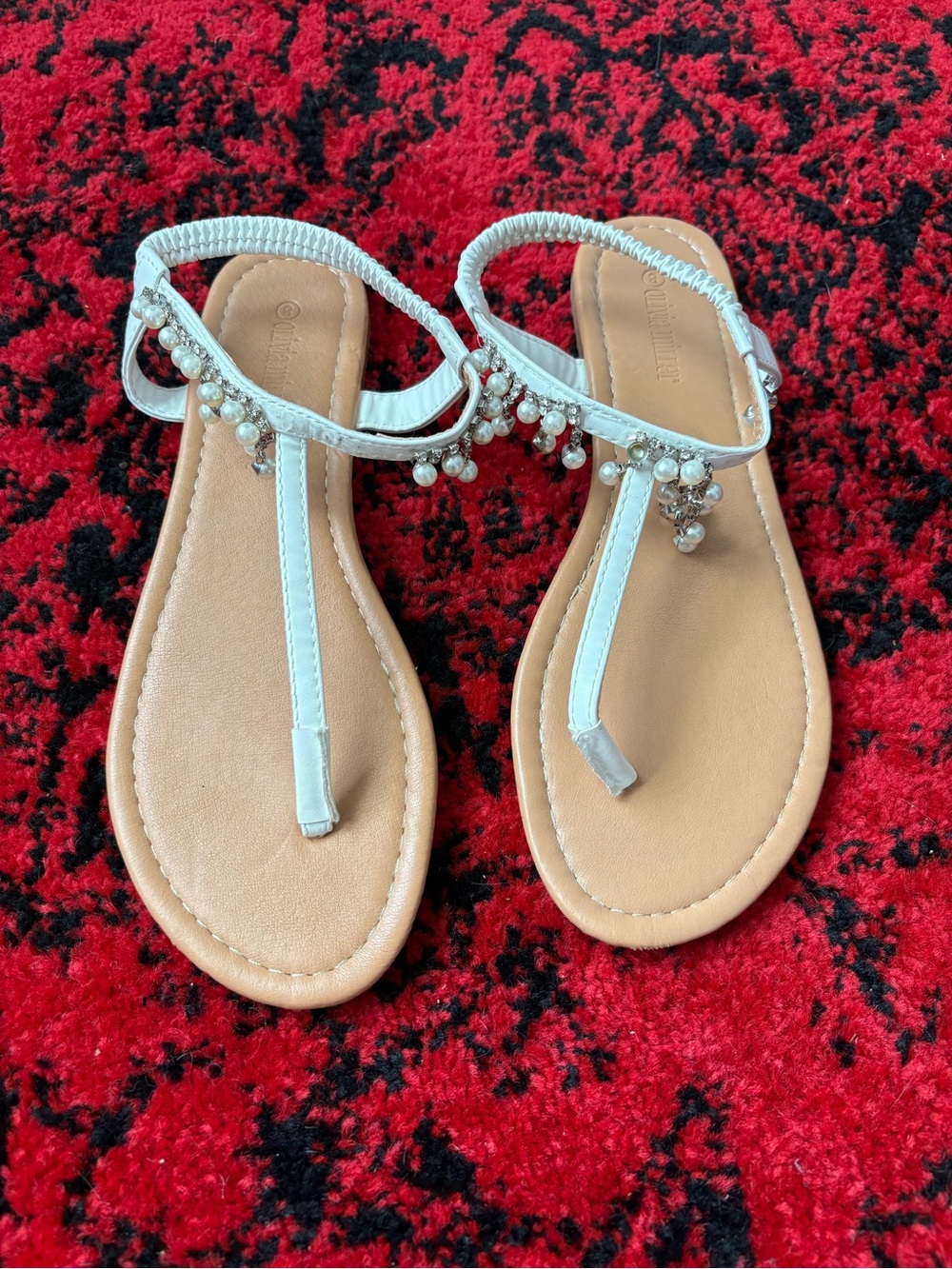 White Pearl and Diamond T-Strap Women's Dainty Sandals